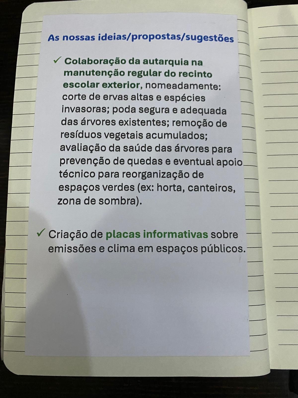 Foto das páginas 13 do caderno com as nossas ideias/propostas/sugestões.