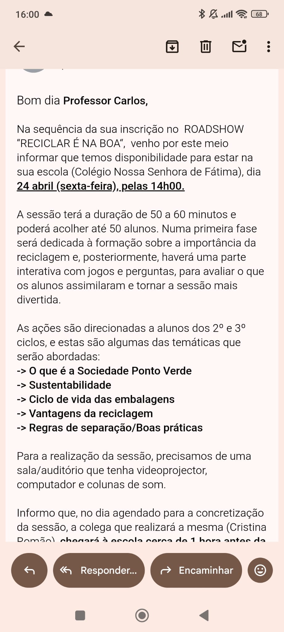 E-mail confirmação formação Sociedade Ponto Verde
